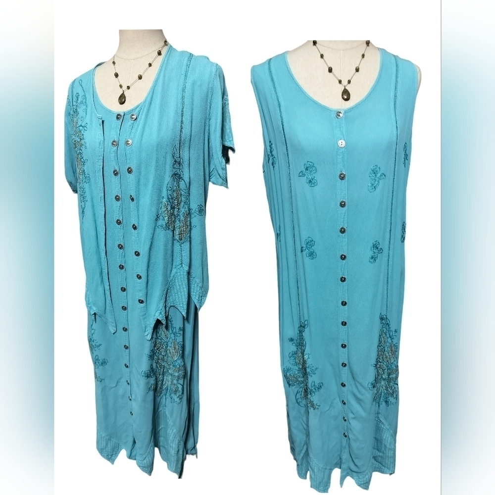 2485)Silhouettes 2 pcs Blue Short sleeve top & Tank Maxi Embroidery Dress Sz 14